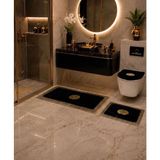 Lüks Gold Varaklı Ekru Peluş Banyo Paspas Takımı - Siyah