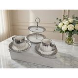 lüks gümüş dalga porselen 2'li çay fincan takımı + elite çift katlı servis standı - Beyaz - Gümüş - 18 - 499 ml