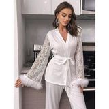 Lüks İpeksi Saten Dantelli Kadın Pijama Takımı, Tüy Detaylı, 2 Parça, Model W2012 (BEYAZ, M)