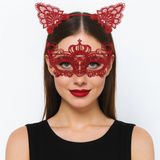 Lüks Kırmızı Dantel Taçlı Maske Seti 2 No - Parti, Balo, Kostüm Aksesuarı E153-E240-2