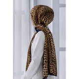 Lüks Medine Barok Bardürlü Leopar Desenli Hardal - Lacivert Renkli 75X195 Kırışmaz Şal Moss Krep Dikiş Tipi İtalyan Dikişli