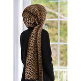 LÜKS MEDİNE BAROK BARDÜRLÜ LEOPAR DESENLİ HARDAL - SİYAH RENKLİ 75X195 KIRIŞMAZ ŞAL MOSS KREP DİKİŞ TİPİ İTALYAN DİKİŞLİ