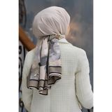 LÜKS MEDİNE İPEĞİ ÇİÇEK DESENLİ BEJ - GRİ RENKLİ 75X195 KIRIŞMAZ ŞAL MOSS KREP DİKİŞ TİPİ İTALYAN DİKİŞLİ