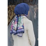 LÜKS MEDİNE İPEĞİ ÇİÇEK DESENLİ İNDİGO - MÜRDÜM RENKLİ 75X195 KIRIŞMAZ ŞAL MOSS KREP DİKİŞ TİPİ İTALYAN DİKİŞLİ