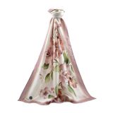 LÜKS MEDİNE İPEĞİ ÇİÇEK DESENLİ PUDRA RENKLİ 75X195 KIRIŞMAZ ŞAL MOSS KREP DİKİŞ TİPİ İTALYAN DİKİŞLİ