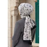 LÜKS MEDİNE İPEĞİ ÇİÇEKLİ GÜMÜŞ - GRİ RENKLİ 75X195 KIRIŞMAZ ŞAL MOSS KREP DİKİŞ TİPİ İTALYAN DİKİŞLİ