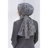 Lüks Medine İpeği Çiçekli Krem - İndigo Renkli 75X195 Kırışmaz Şal Moss Krep Dikiş Tipi İtalyan Dikişli