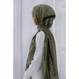 LÜKS MEDİNE İPEĞİ DEGRADELİ MONOGRAM DESENLİ HAKİ RENKLİ 75X195 KIRIŞMAZ ŞAL MOSS KREP DİKİŞ TİPİ İTALYAN DİKİŞLİ