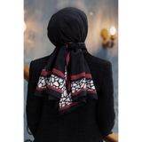 LÜKS MEDİNE İPEĞİ DESENLİ SİYAH - BORDO RENKLİ 75X195 KIRIŞMAZ ŞAL MOSS KREP DİKİŞ TİPİ İTALYAN DİKİŞLİ