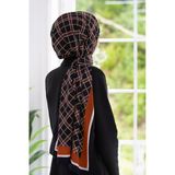 LÜKS MEDİNE İPEĞİ EKOSE DESENLİ SİYAH - TABA RENKLİ 75X195 KIRIŞMAZ ŞAL MOSS KREP DİKİŞ TİPİ İTALYAN DİKİŞLİ