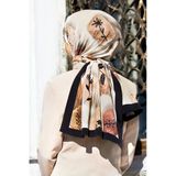 Lüks Medine İpeği Fırça Dokulu Çizgi Çiçek Desenli Krem - Taba Renkli 75X195 Kırışmaz Şal Moss Krep Dikiş Tipi İtalyan Dikişli