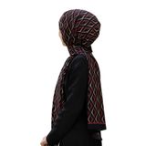 LÜKS MEDİNE İPEĞİ GEOMETRİK DESENLİ SİYAH - BORDO RENKLİ 75X195 KIRIŞMAZ ŞAL MOSS KREP DİKİŞ TİPİ İTALYAN DİKİŞLİ
