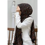LÜKS MEDİNE İPEĞİ GEOMETRİK DESENLİ SİYAH - TABA RENKLİ 75X195 KIRIŞMAZ ŞAL MOSS KREP DİKİŞ TİPİ İTALYAN DİKİŞLİ