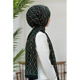 Lüks Medine İpeği Geometrik Desenli Siyah - Zümrüt Yeşili Renkli 75X195 Kırışmaz Şal Moss Krep Dikiş Tipi İtalyan Dikişli