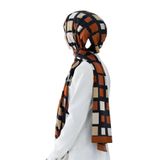 LÜKS MEDİNE İPEĞİ KARE DESENLİ TABA RENKLİ 75X195 KIRIŞMAZ ŞAL MOSS KREP DİKİŞ TİPİ İTALYAN DİKİŞLİ