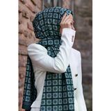 LÜKS MEDİNE İPEĞİ KARE DESENLİ ZÜMRÜT YEŞİLİ RENKLİ 75X195 KIRIŞMAZ ŞAL MOSS KREP DİKİŞ TİPİ İTALYAN DİKİŞLİ