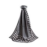 LÜKS MEDİNE İPEĞİ KAZAYAĞI DESENLİ GRİ - SİYAH RENKLİ 75X195 KIRIŞMAZ ŞAL MOSS KREP DİKİŞ TİPİ İTALYAN DİKİŞLİ