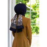 LÜKS MEDİNE İPEĞİ KENAR MOTİFİ ÇİÇEK DESENLİ İNDİGO RENKLİ 75X195 KIRIŞMAZ ŞAL MOSS KREP DİKİŞ TİPİ İTALYAN DİKİŞLİ