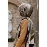 Lüks Medine İpeği Leopar Desenli Bej - Siyah Renkli 75X195 Kırışmaz Şal Moss Krep Dikiş Tipi İtalyan Dikişli