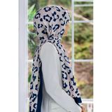LÜKS MEDİNE İPEĞİ LEOPAR DESENLİ LACİVERT RENKLİ 75X195 KIRIŞMAZ ŞAL MOSS KREP DİKİŞ TİPİ İTALYAN DİKİŞLİ