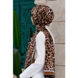 LÜKS MEDİNE İPEĞİ LEOPAR DESENLİ TABA RENKLİ 75X195 KIRIŞMAZ ŞAL MOSS KREP DİKİŞ TİPİ İTALYAN DİKİŞLİ