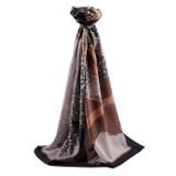 LÜKS MEDİNE İPEĞİ LEOPAR DESENLİ VİZON - TABA RENKLİ 75X195 KIRIŞMAZ ŞAL MOSS KREP DİKİŞ TİPİ İTALYAN DİKİŞLİ