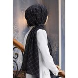 LÜKS MEDİNE İPEĞİ MONOGRAM DESENLİ SİYAH RENKLİ 75X195 KIRIŞMAZ ŞAL MOSS KREP DİKİŞ TİPİ İTALYAN DİKİŞLİ