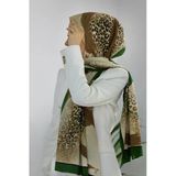 Lüks Medine İpeği Renkli Fırça Ve Leopar Desenli Zümrüt Yeşili Renkli 75X195 Kırışmaz Şal Moss Krep Dikiş Tipi İtalyan Dikişli