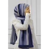 LÜKS MEDİNE İPEĞİ SULU BOYA ÇİZGİLİ DESENLİ İNDİGO RENKLİ 75X195 KIRIŞMAZ ŞAL MOSS KREP DİKİŞ TİPİ İTALYAN DİKİŞLİ