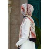 LÜKS MEDİNE İPEĞİ YAPRAK DESENLİ KIRMIZI RENKLİ 75X195 KIRIŞMAZ ŞAL MOSS KREP DİKİŞ TİPİ İTALYAN DİKİŞLİ