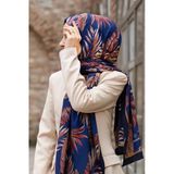 LÜKS MEDİNE İPEĞİ YAPRAK DESENLİ LACİVERT - BORDO RENKLİ 75X195 KIRIŞMAZ ŞAL MOSS KREP DİKİŞ TİPİ İTALYAN DİKİŞLİ