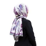 LÜKS MEDİNE İPEĞİ YAPRAK DESENLİ LİLA - GRİ RENKLİ 75X195 KIRIŞMAZ ŞAL MOSS KREP DİKİŞ TİPİ İTALYAN DİKİŞLİ