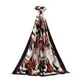 LÜKS MEDİNE İPEĞİ YAPRAK DESENLİ SİYAH - TABA RENKLİ 75X195 KIRIŞMAZ ŞAL MOSS KREP DİKİŞ TİPİ İTALYAN DİKİŞLİ