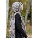 LÜKS MEDİNE İPEĞİ YAPRAK DESENLİ VİZON - BEJ RENKLİ 75X195 KIRIŞMAZ ŞAL MOSS KREP DİKİŞ TİPİ İTALYAN DİKİŞLİ