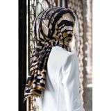 LÜKS MEDİNE İPEĞİ ZEBRA DESENLİ GOLD - SİYAH RENKLİ 75X195 KIRIŞMAZ ŞAL MOSS KREP DİKİŞ TİPİ İTALYAN DİKİŞLİ