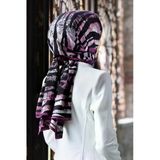 Lüks Medine İpeği Zebra Desenli Mürdüm - Siyah Renkli 75X195 Kırışmaz Şal Moss Krep Dikiş Tipi İtalyan Dikişli