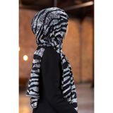 LÜKS MEDİNE İPEĞİ ZEBRA DESENLİ SİYAH - GRİ RENKLİ 75X195 KIRIŞMAZ ŞAL MOSS KREP DİKİŞ TİPİ İTALYAN DİKİŞLİ