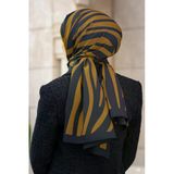 LÜKS MEDİNE İPEĞİ ZEBRA DESENLİ SİYAH - HARDAL RENKLİ 75X195 KIRIŞMAZ ŞAL MOSS KREP DİKİŞ TİPİ İTALYAN DİKİŞLİ