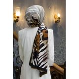 LÜKS MEDİNE İPEĞİ ZEBRA VE ÇİÇEK DESENLİ KAHVERENGİ RENKLİ 75X195 KIRIŞMAZ ŞAL MOSS KREP DİKİŞ TİPİ İTALYAN DİKİŞLİ