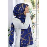 LÜKS MEDİNE İPEĞİ ZİNCİRLİ KEMER DESENLİ İNDİGO RENKLİ 75X195 KIRIŞMAZ ŞAL MOSS KREP DİKİŞ TİPİ İTALYAN DİKİŞLİ