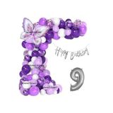 Lüks Mor Kelebek Folyolu Gümüş Rakam Yaş Balon Zincir Set, 9