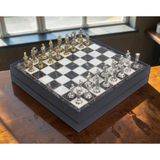 Lüks Sandıklı Metal Satranç Takımı Krom Kaplama Osmanlı Vs Bizans Figürler – Mermer Desenli 20 cm.