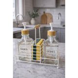 Lüks Stantlı Bambu Kapaklı İkili Cam Sıvı Sabunluk & Deterjanlık Seti – 2×500 ml, 22,5 × 8,5 × 24 cm