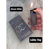 Lüks Taş Taşlı Sigara Kutusu & Çakmak Pembe Janjan Renk [uzun Slim]