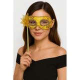 Lüks Taşlı Saplı Maskeli Balo Maskesi Altın Renk 35 cm (5264)