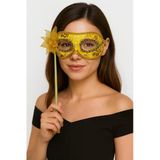Lüks Taşlı Saplı Maskeli Balo Maskesi Altın Renk 35 Cm Go53/04199