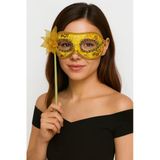 Lüks Taşlı Saplı Maskeli Balo Maskesi Altın Renk 35 Cm Mirsm0010k-Smr-E165-A