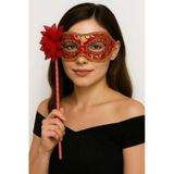 Lüks Taşlı Saplı Maskeli Balo Maskesi Kırmızı Renk 35 Cm (5047)