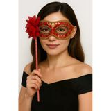 Lüks Taşlı Saplı Maskeli Balo Maskesi Kırmızı Renk 35 Cm (5224)