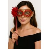 Lüks Taşlı Saplı Maskeli Balo Maskesi Kırmızı Renk 35 Cm Bx40